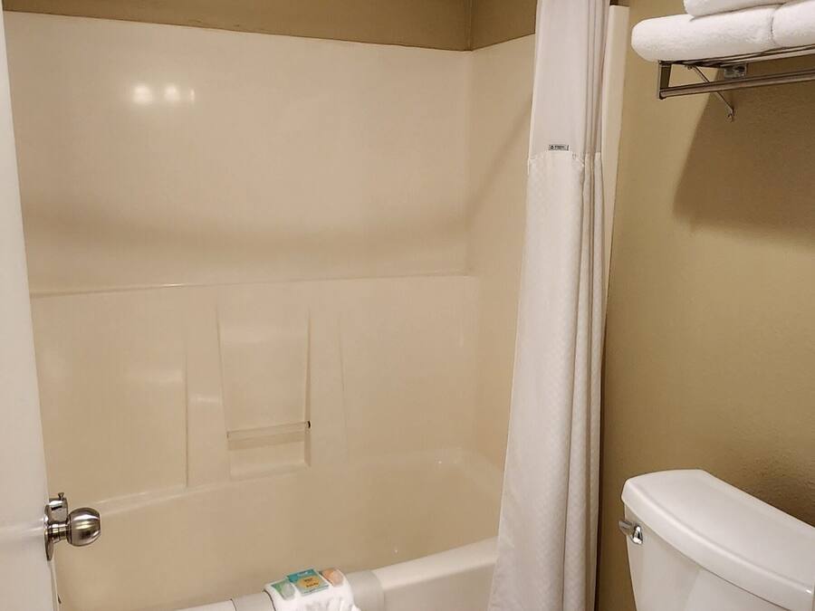 A bathroom with a bathtub, toilet, and shower curtain.
