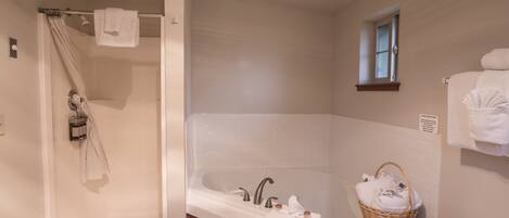 A bathroom with a walk-in shower, a large bathtub, a sink, and a toilet.