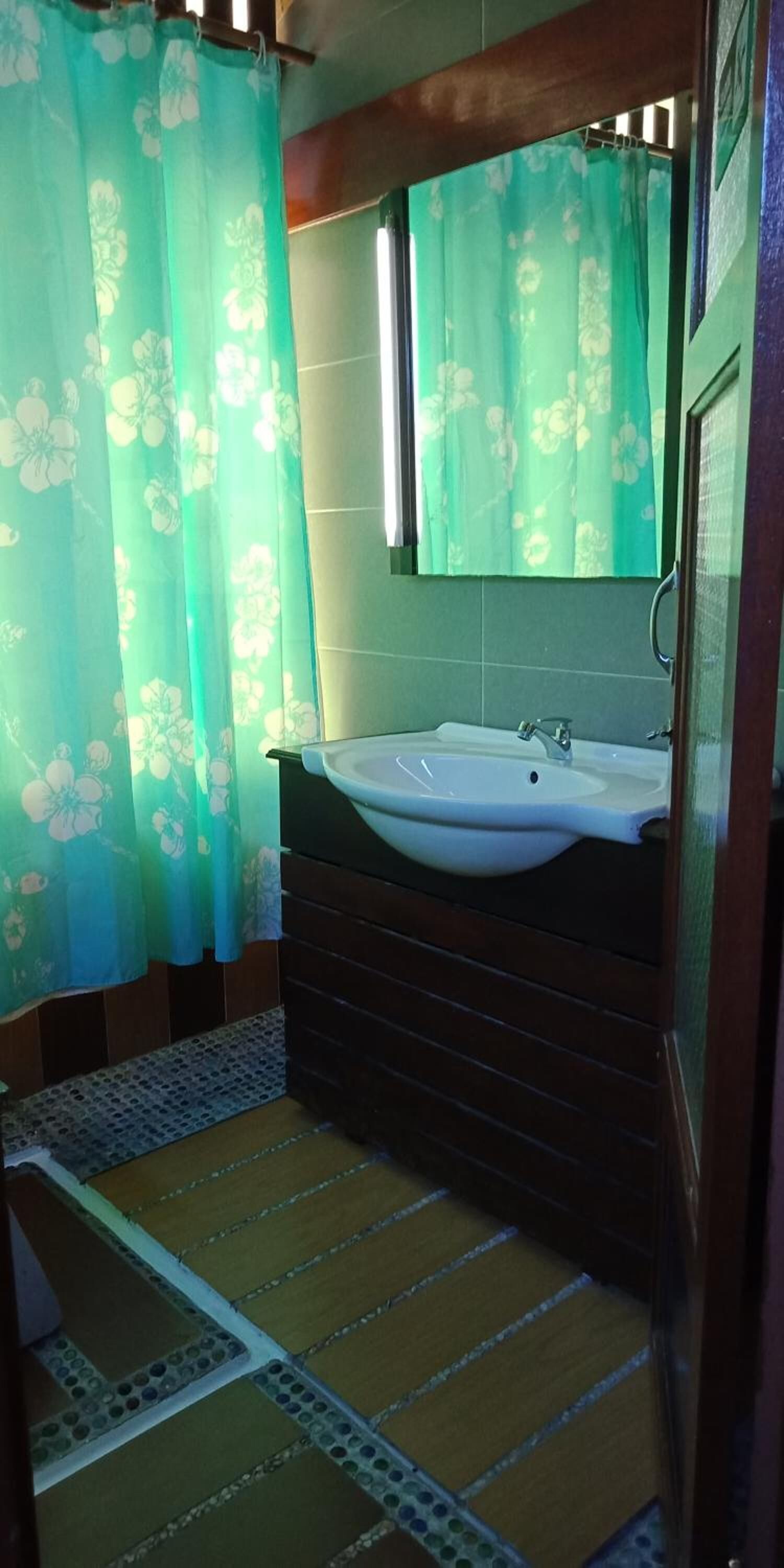 Un baño con lavamanos, espejo y cortinas con motivos florales.