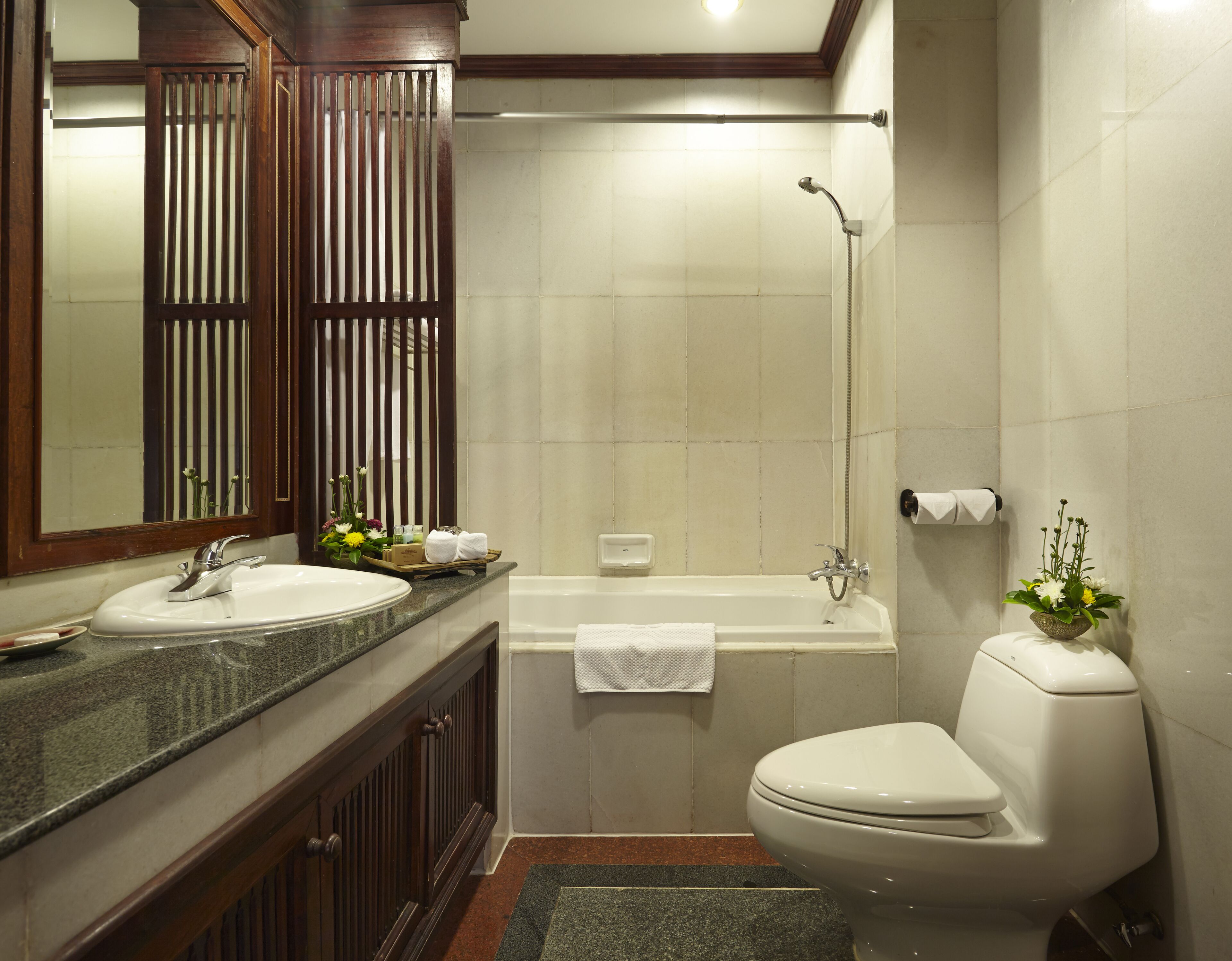 combined shower/bathtub, free toiletries, hair dryer, bathrobes