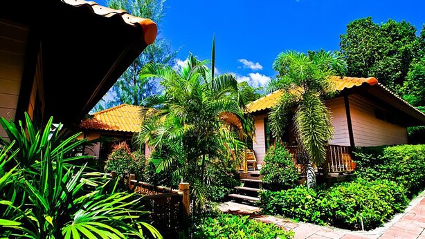 A tropical resort with a central staircase surrounded by lush greenery and palm trees. - Ricci House Resort (Koh Lipe)