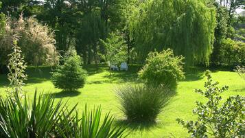 Un jardin bien entretenu, agrémenté de différents types d’arbres et d’arbustes, d’une pelouse verdoyante et d’un banc blanc.