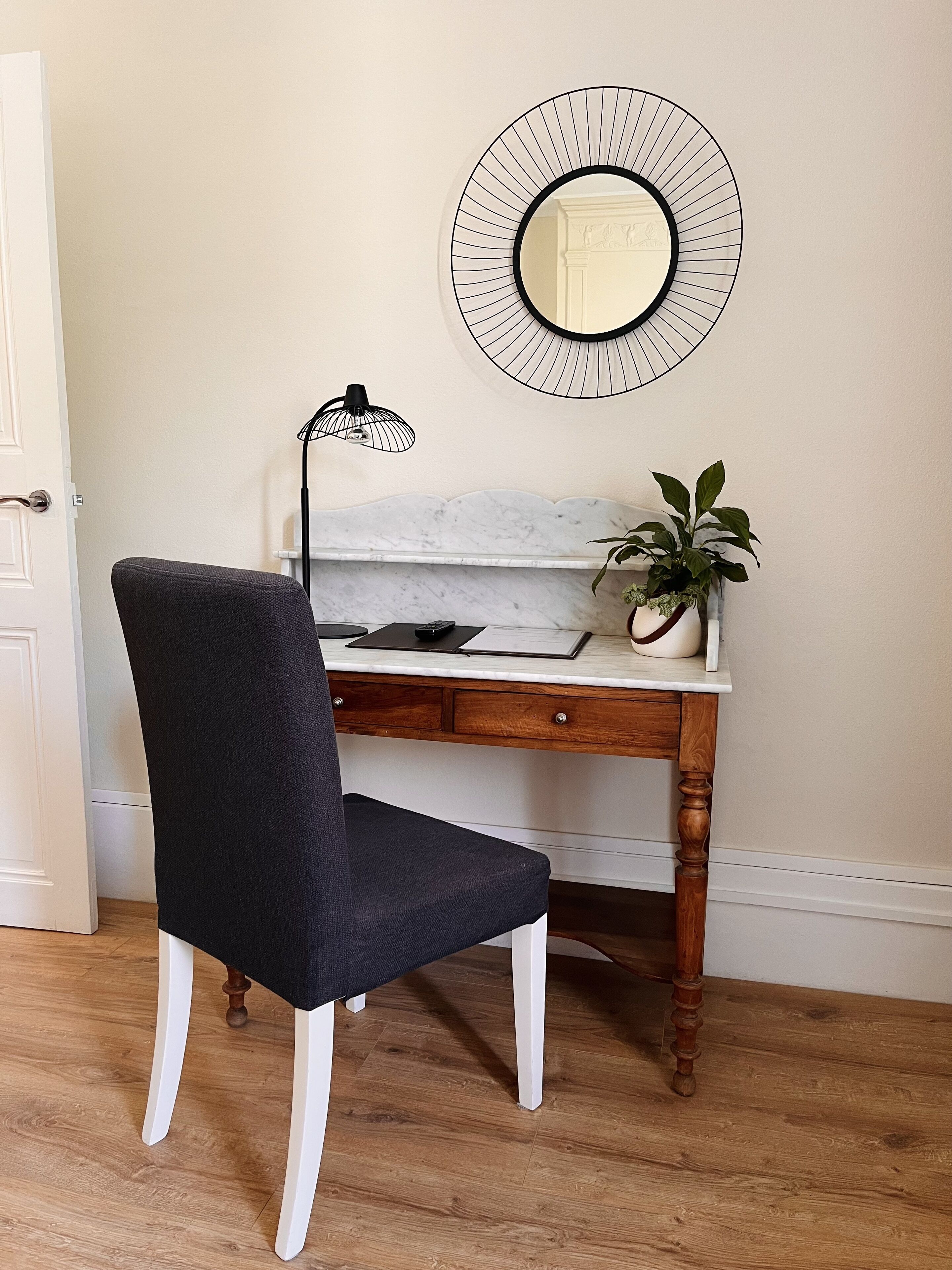 individually decorated, individually furnished, desk, laptop workspace