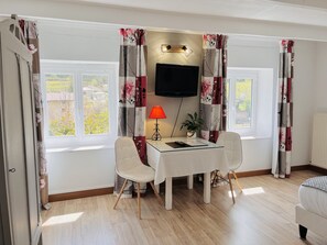 Individually decorated, individually furnished, desk, laptop workspace