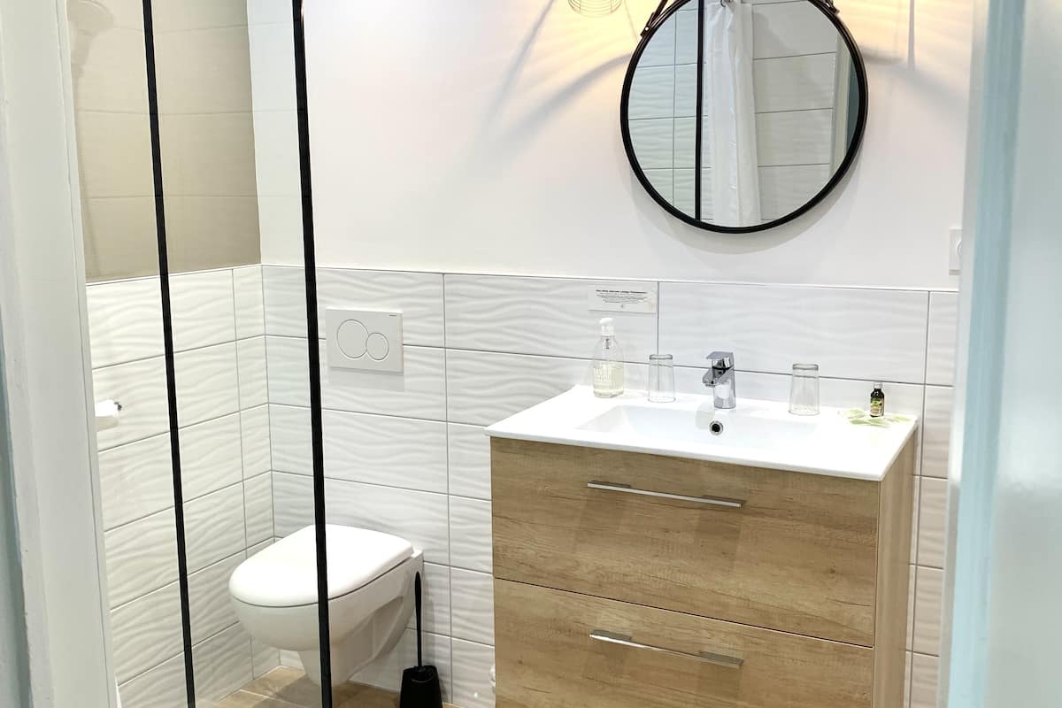 shower, free toiletries, hair dryer, towels