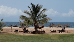 Ein Strand mit reetgedeckten Sonnenschirmen, hölzernen Bänken und Palmen.