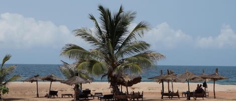 Plage, chaises longues, parasols, beach-volley