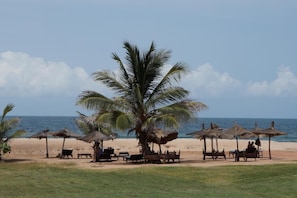 En la playa, sillas reclinables de playa, sombrillas, vóleibol de playa