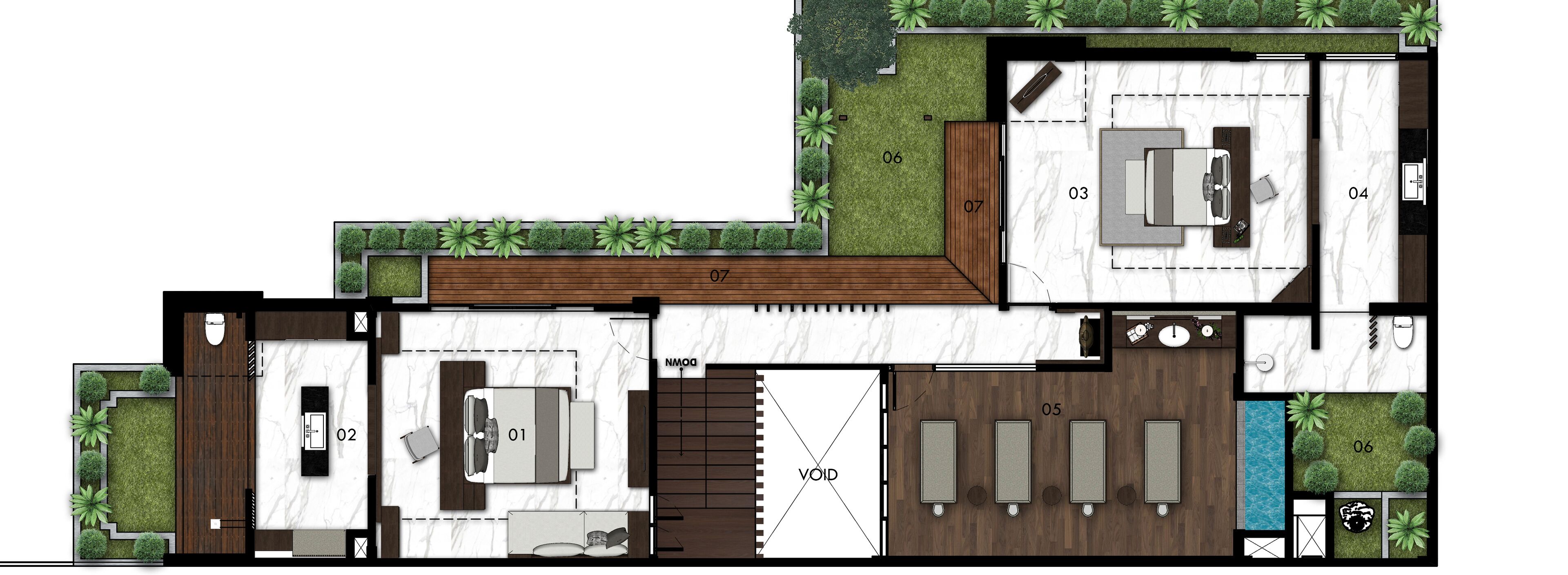 A floor plan of a modern apartment with a living room, kitchen, dining area, two bedrooms, a bathroom, and a small outdoor garden area.
