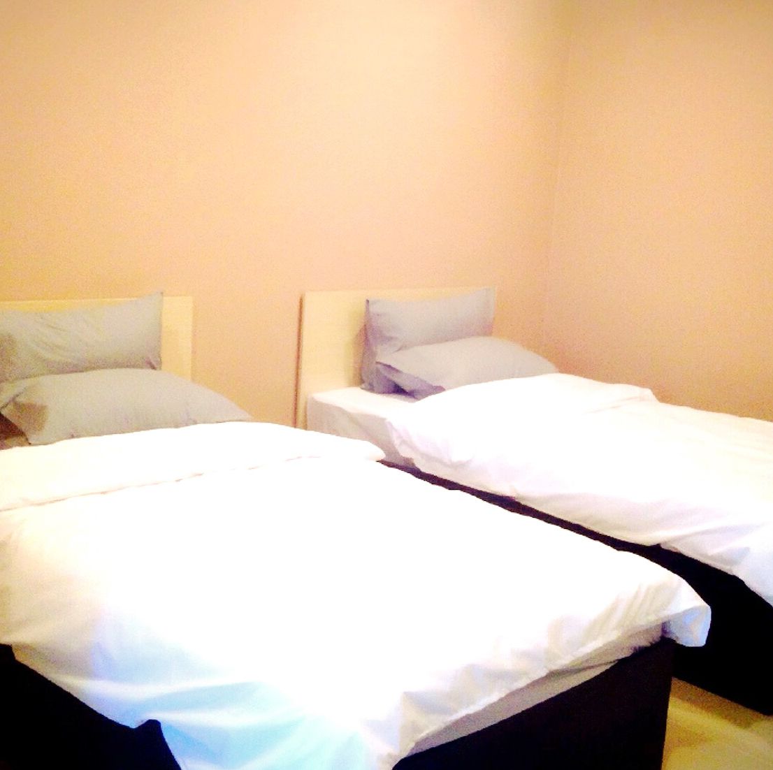 Una habitación con dos camas individuales, cada una con una almohada y un edredón blanco.