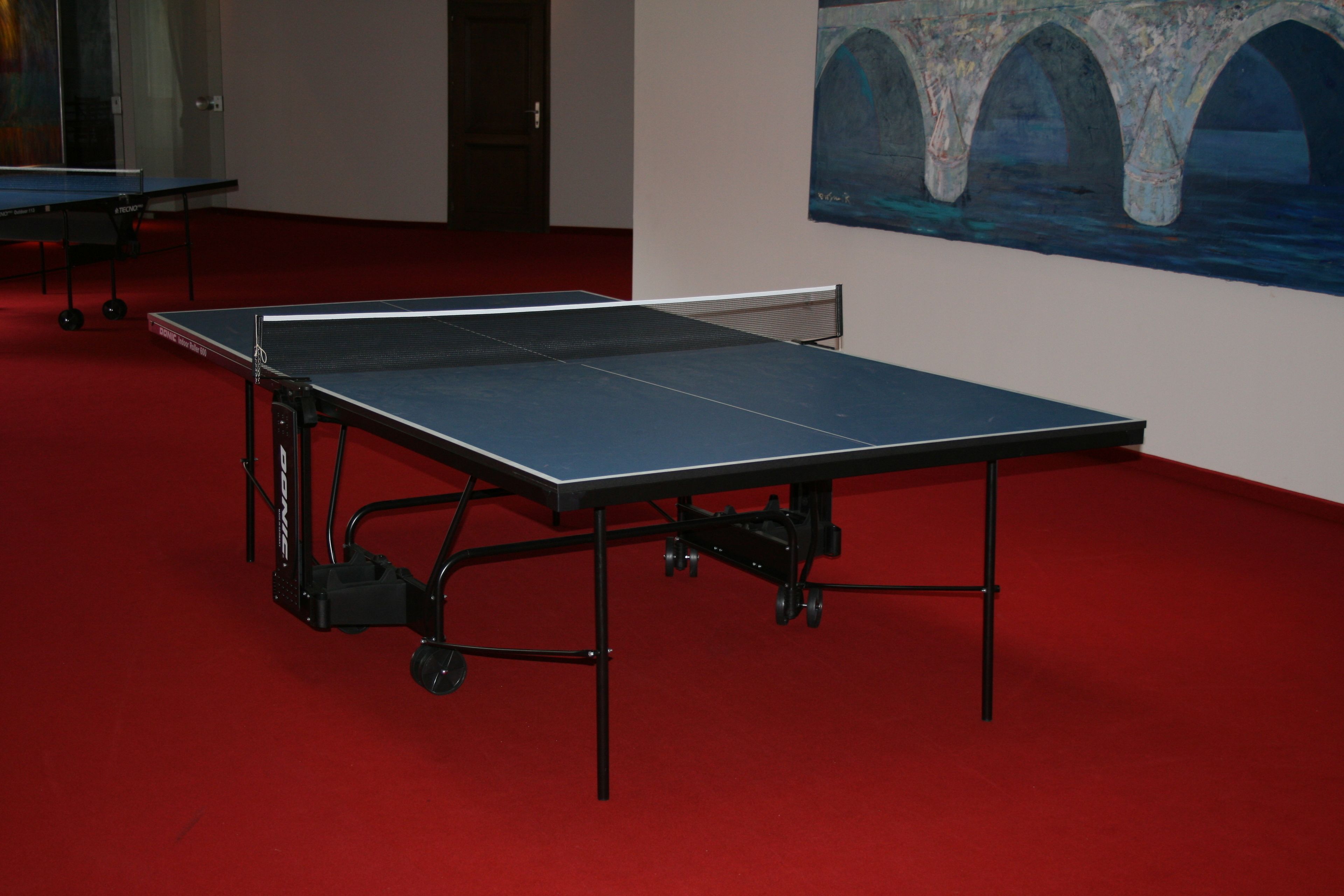A ping pong table in a room with a red carpet and a painting of a bridge on the wall.