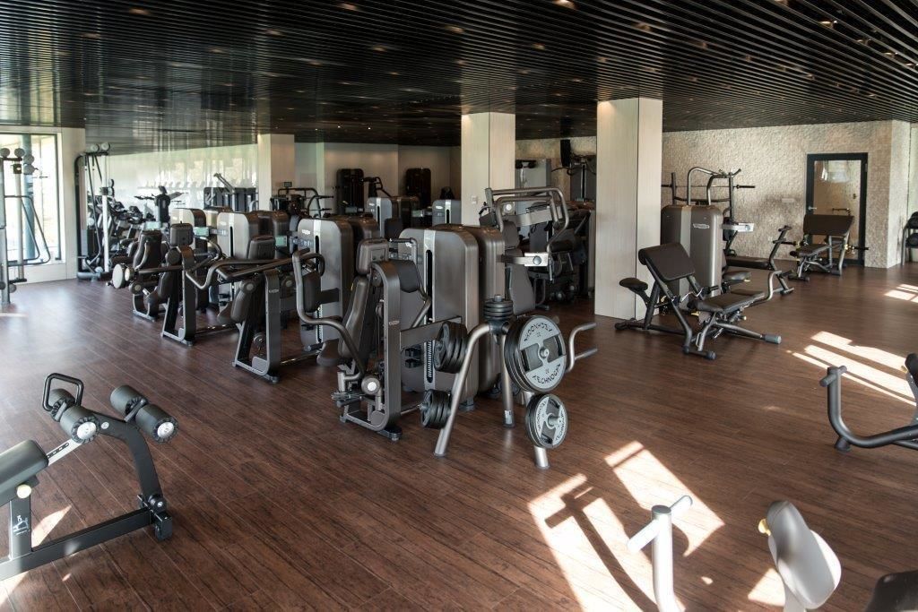 Et moderne fitnesscenter med forskellige træningsmaskiner og vægte, trægulv og store vinduer, der lukker naturligt lys ind.