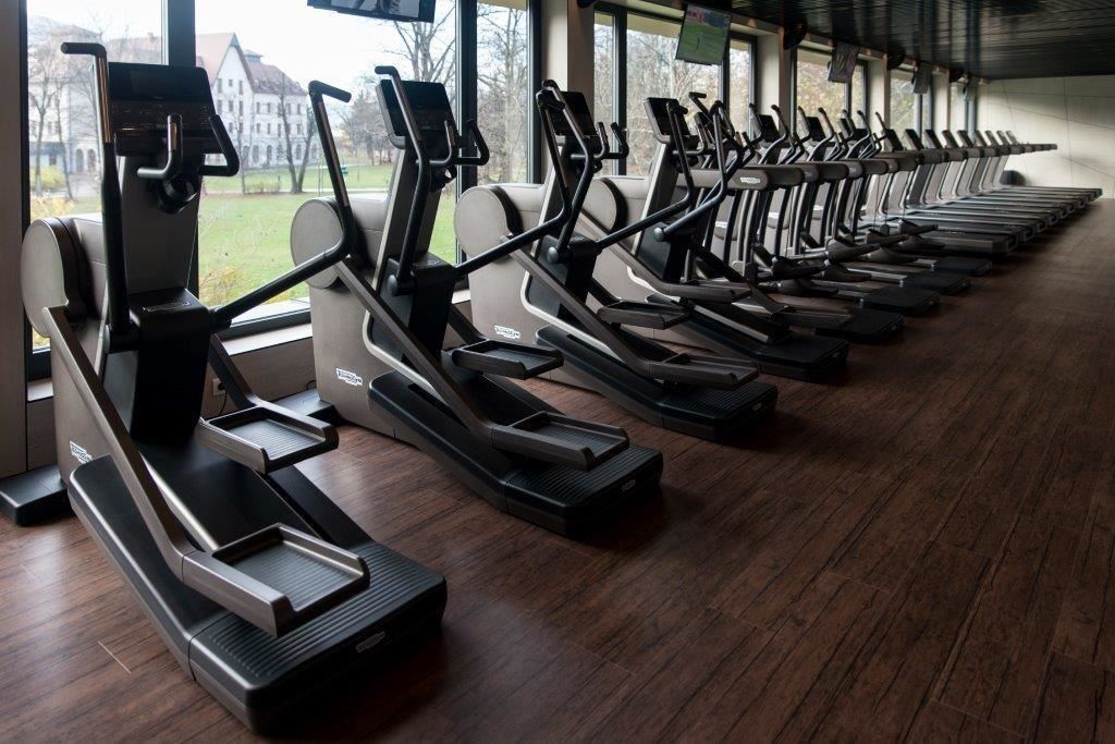 Eine Reihe von Steh- oder Heimtrainer in einem Fitnessstudio mit Blick auf ein Gebäude.