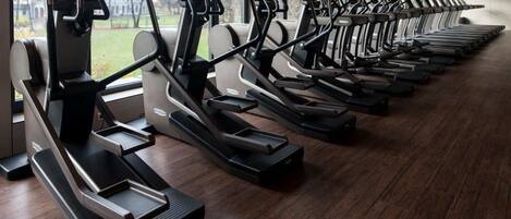 A row of stationary bikes in a gym with a view of a building outside.