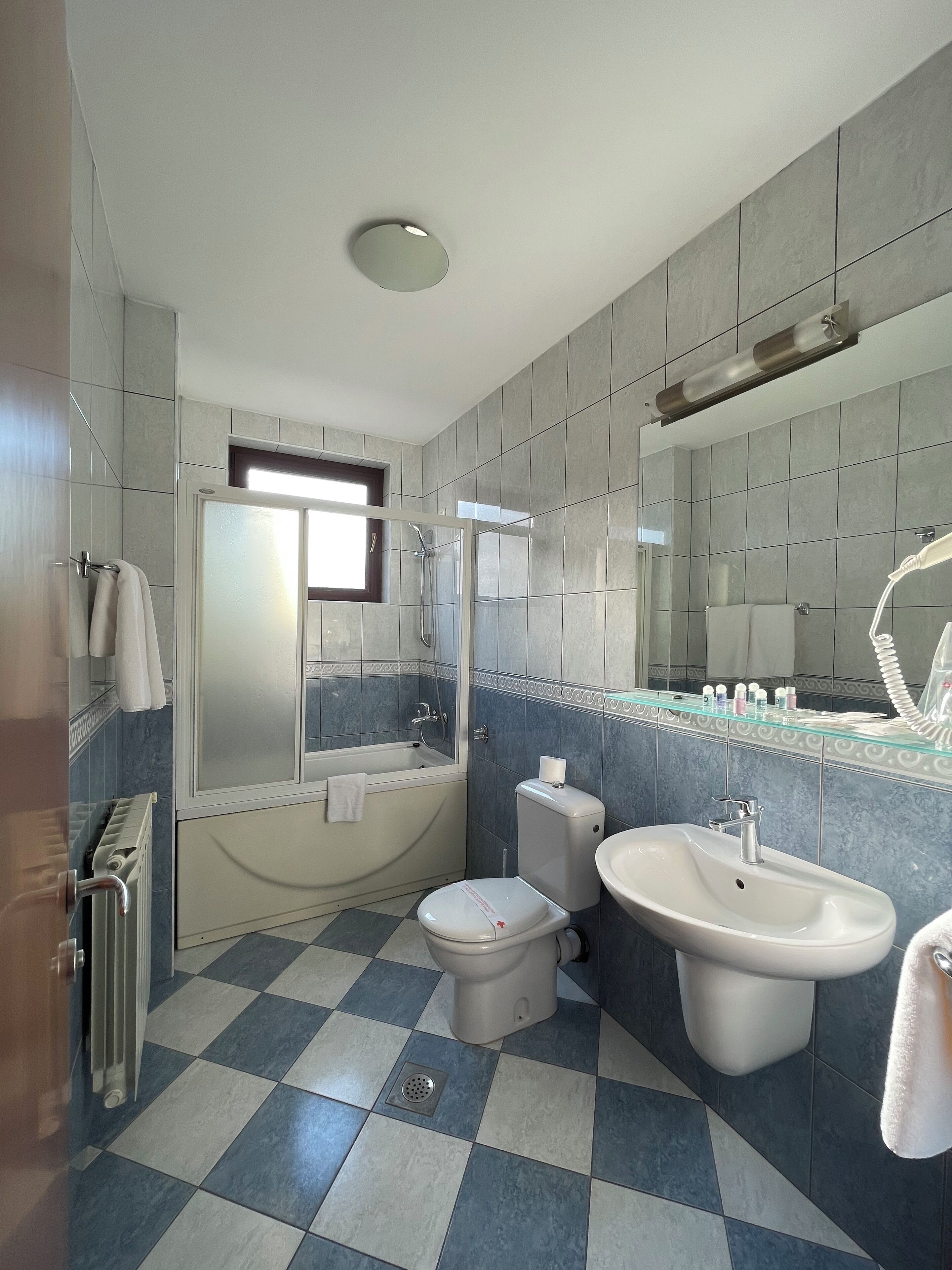 combined shower/bathtub, free toiletries, hair dryer, bathrobes