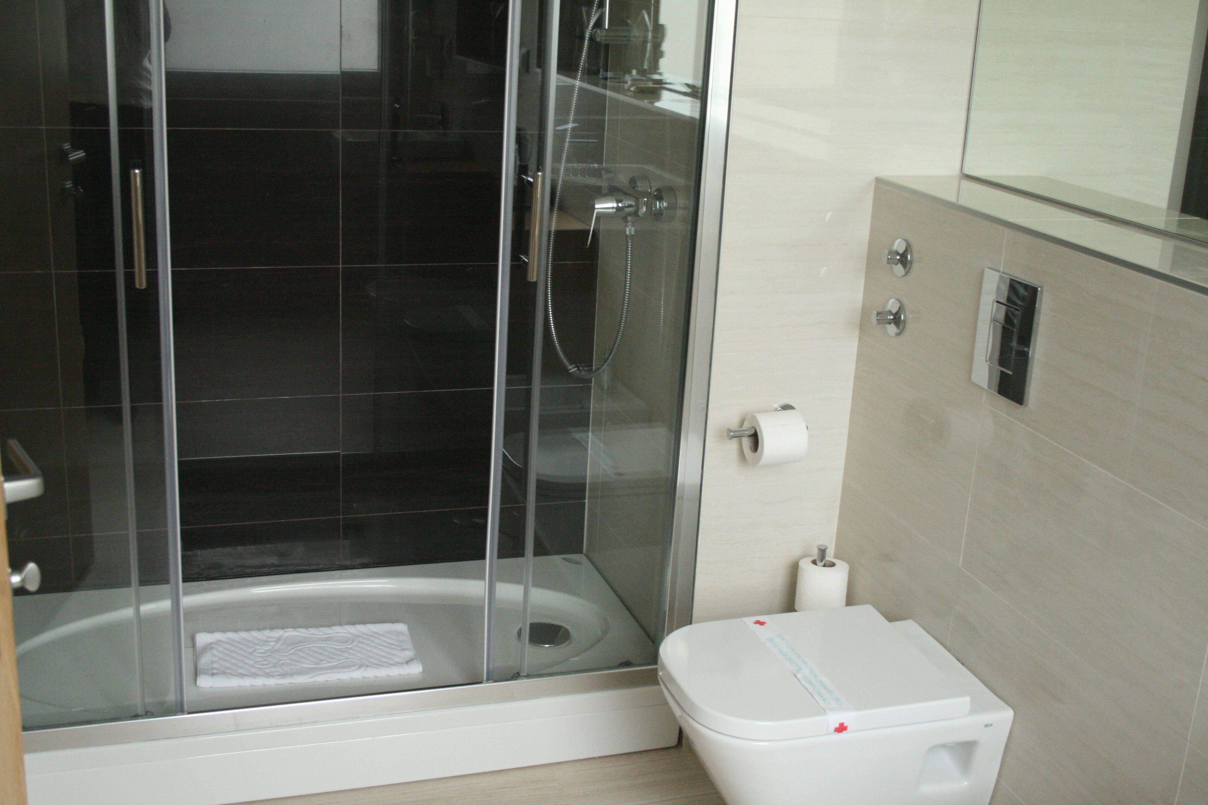 A modern bathroom with a glass-enclosed shower, a toilet, and a sink.