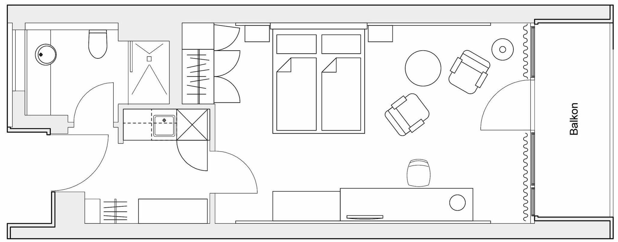 A hotel floor plan with multiple rooms, a balcony, and a swimming pool.