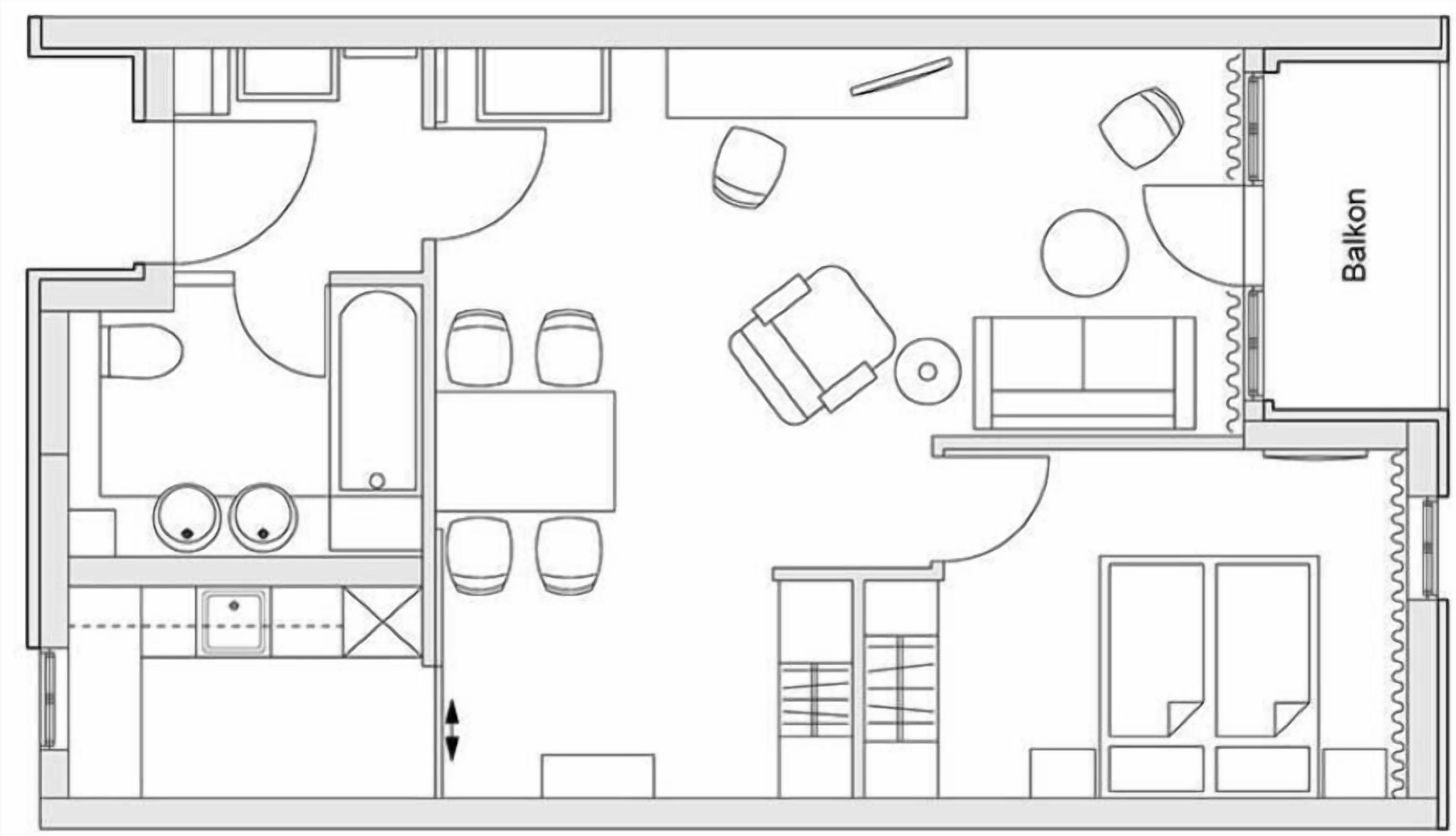 A floor plan of a hotel room with a balcony, kitchenette, and seating area.
