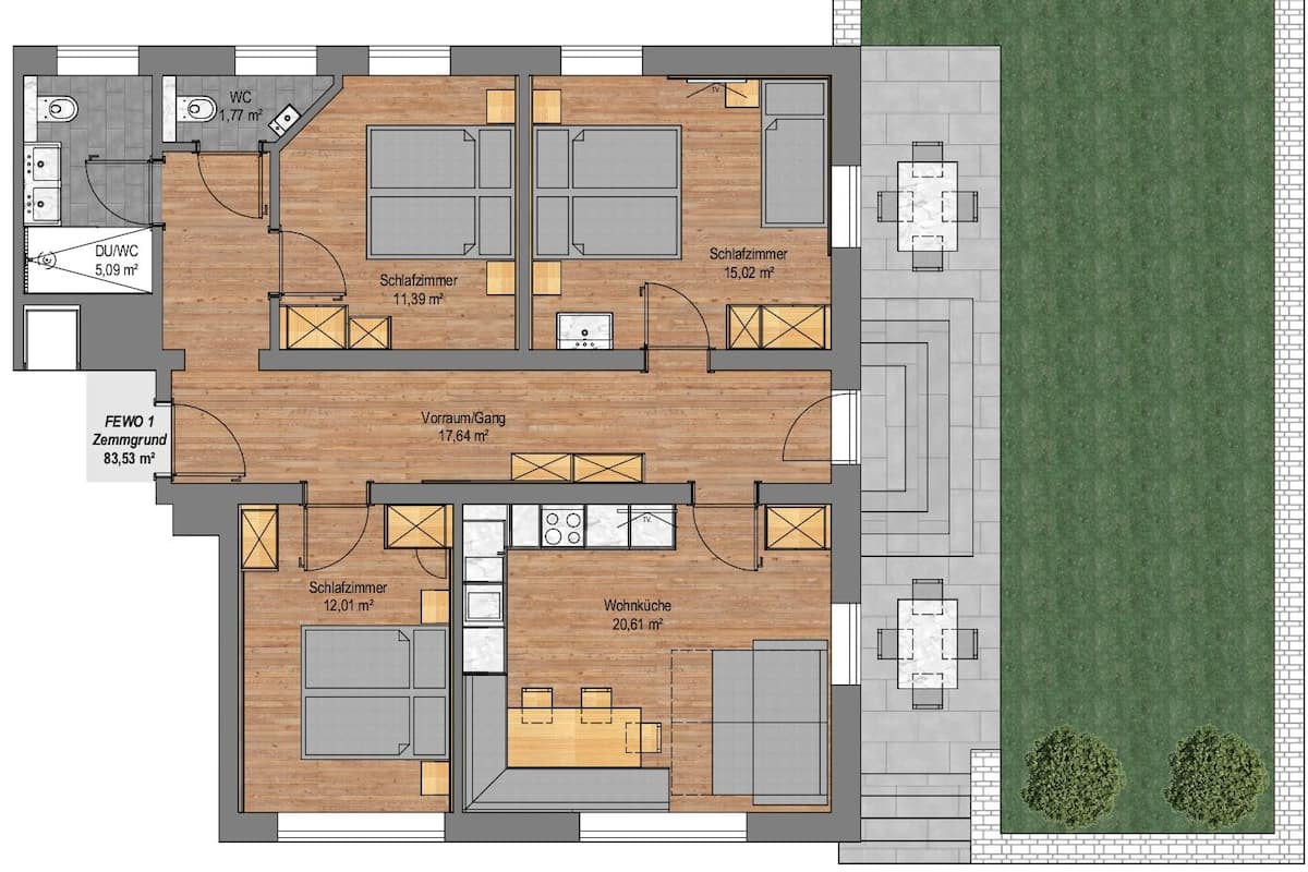 Plano de planta de un hotel con varias habitaciones, sala de estar, cocina y balcón.