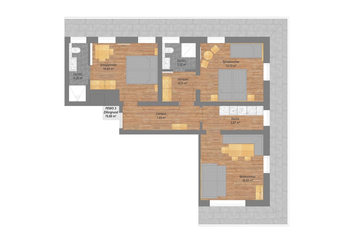 Plano de planta de un hotel con 3 dormitorios, 2 baños, cocina, sala de estar y un balcón.