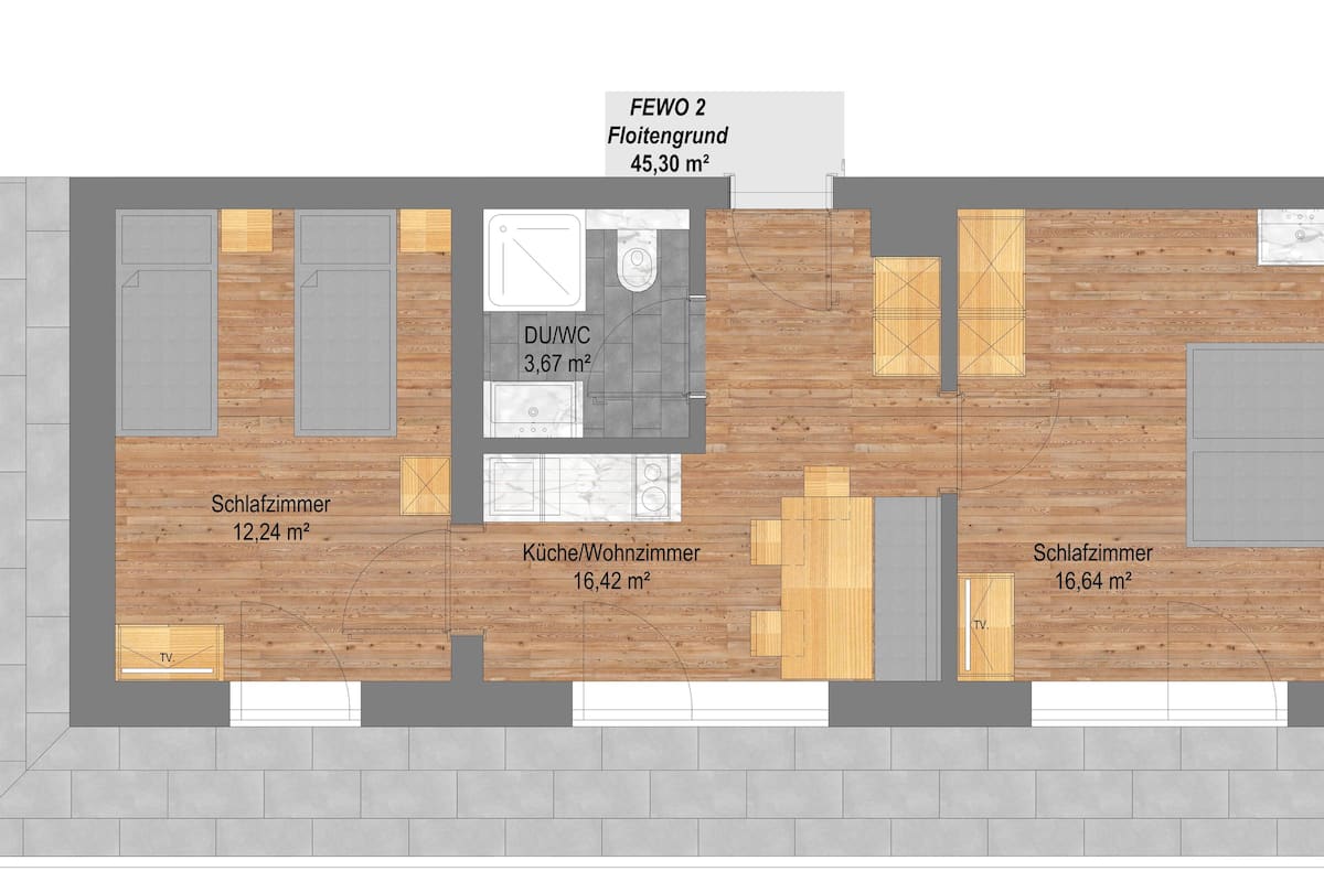 Plano de piso de un apartamento de dos habitaciones, con un área total de 45,30 m², que incluye una cocina y una sala de estar.