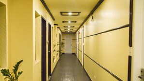 A hotel hallway with a dark floor, yellow walls, and a potted plant on the left.