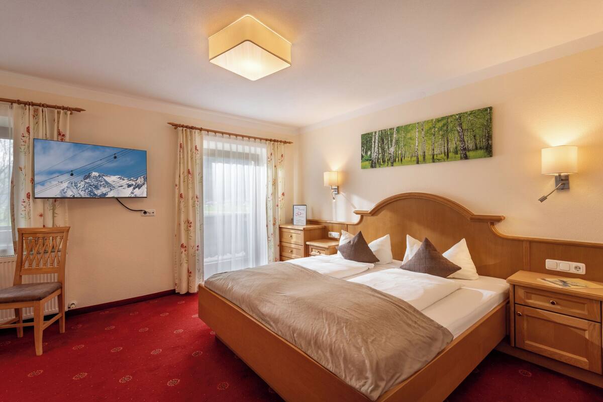 Een hotelkamer met een groot bed, een televisie, een schilderij en een rode loper.