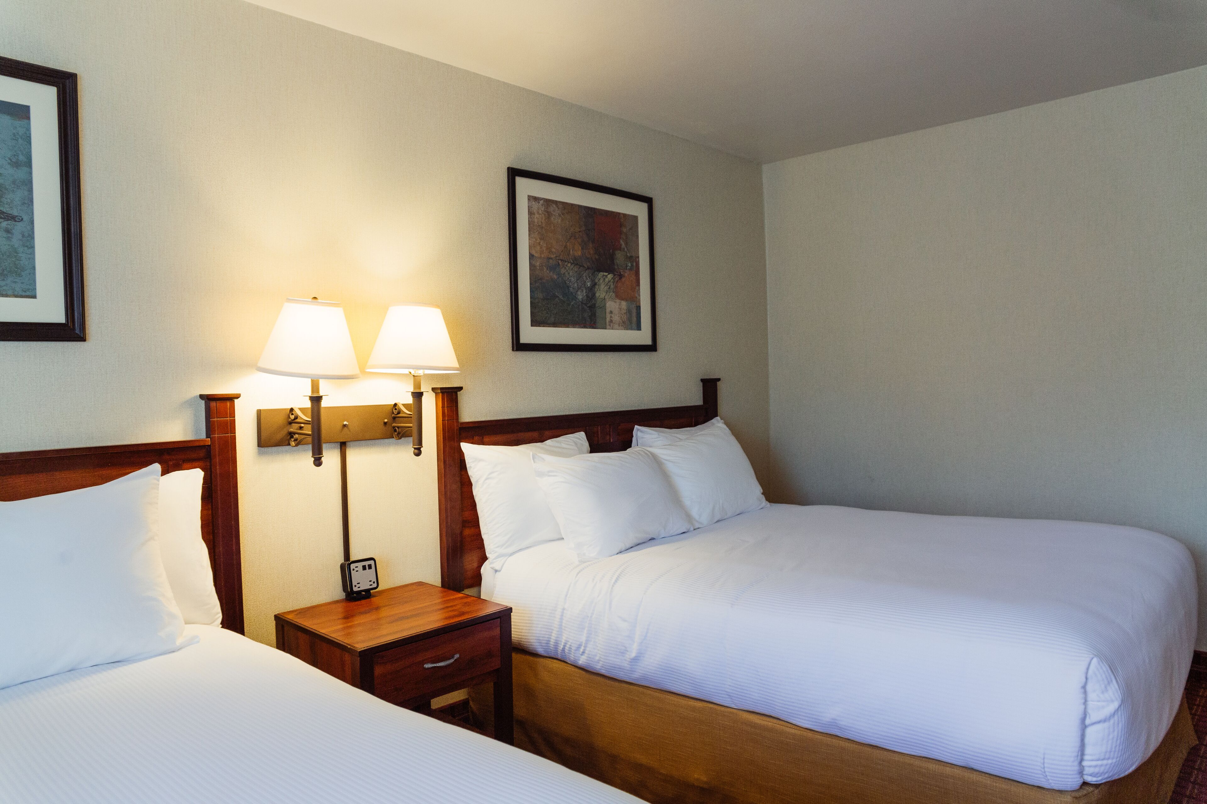 Habitación de hotel con dos camas, una mesita de noche con lámpara y un cuadro en la pared.