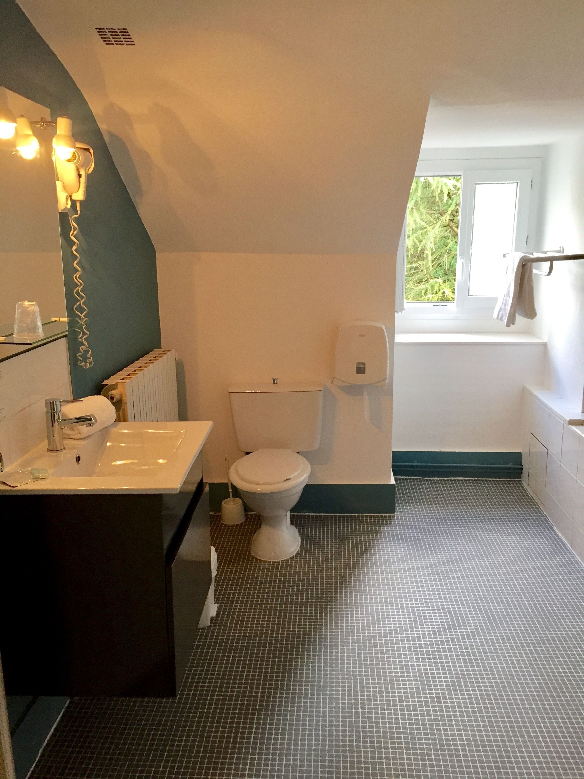 A bathroom with a white toilet, a sink with a mirror, and a window providing natural light.