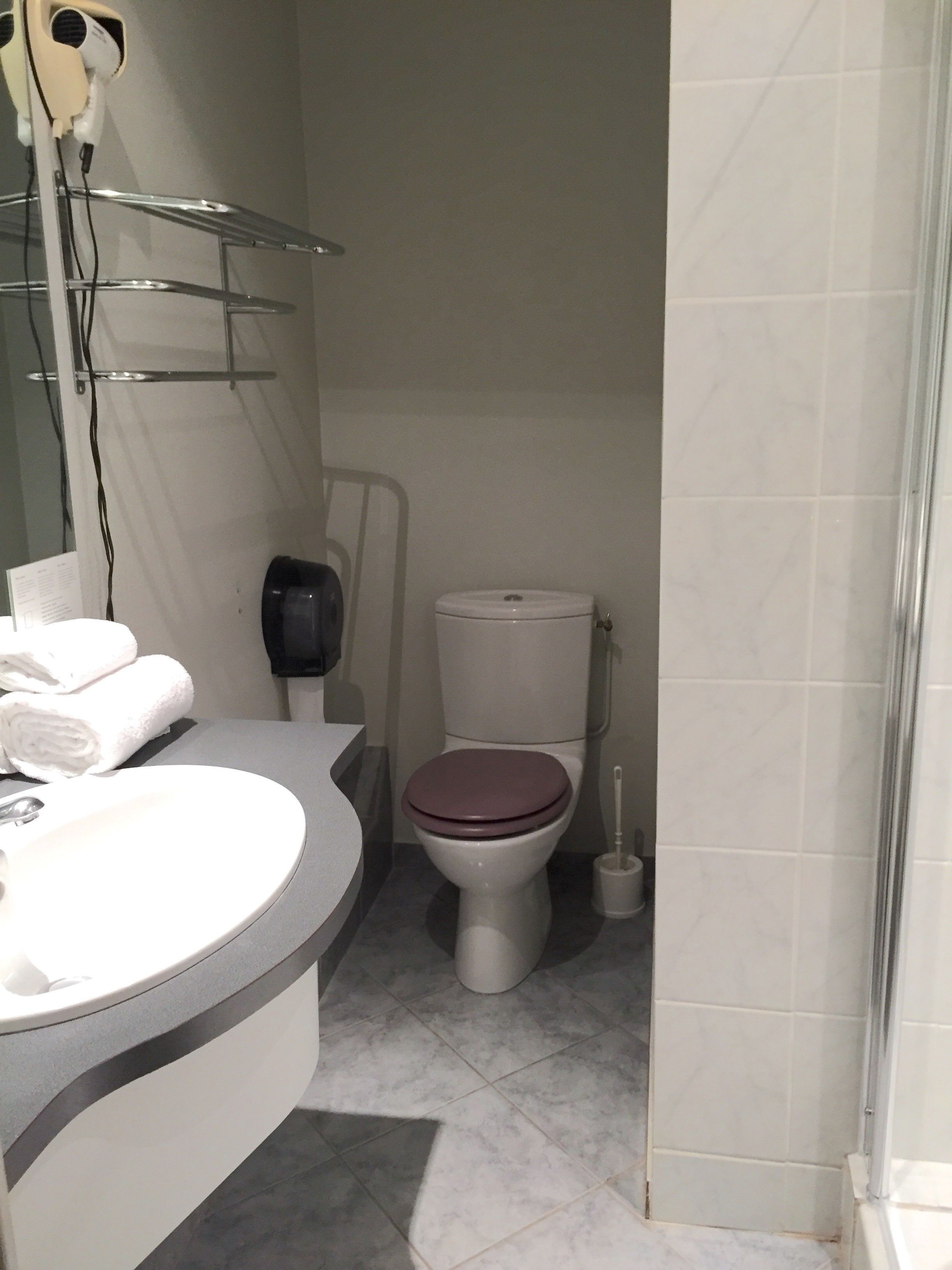 A bathroom with a white sink, a toilet with a brown seat, and a hairdryer on a shelf.