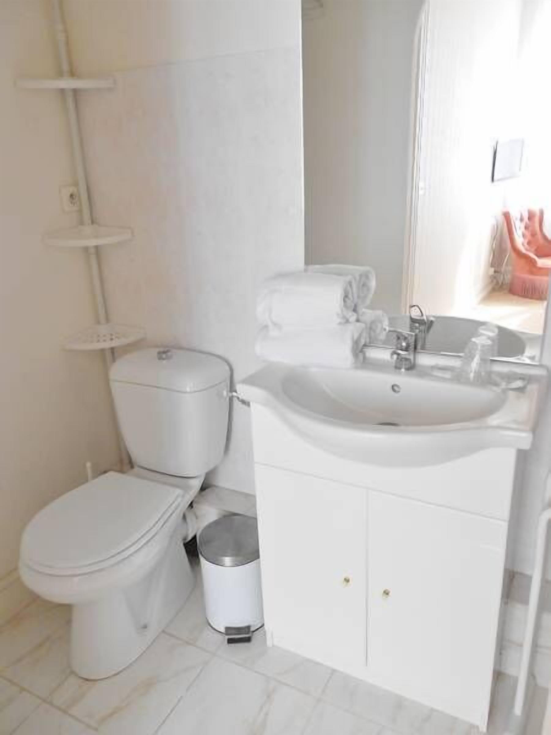 A bathroom with a toilet, sink, and a small trash bin.