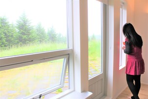 Una habitación con ventanas amplias, piso de madera y vista a un campo verde.