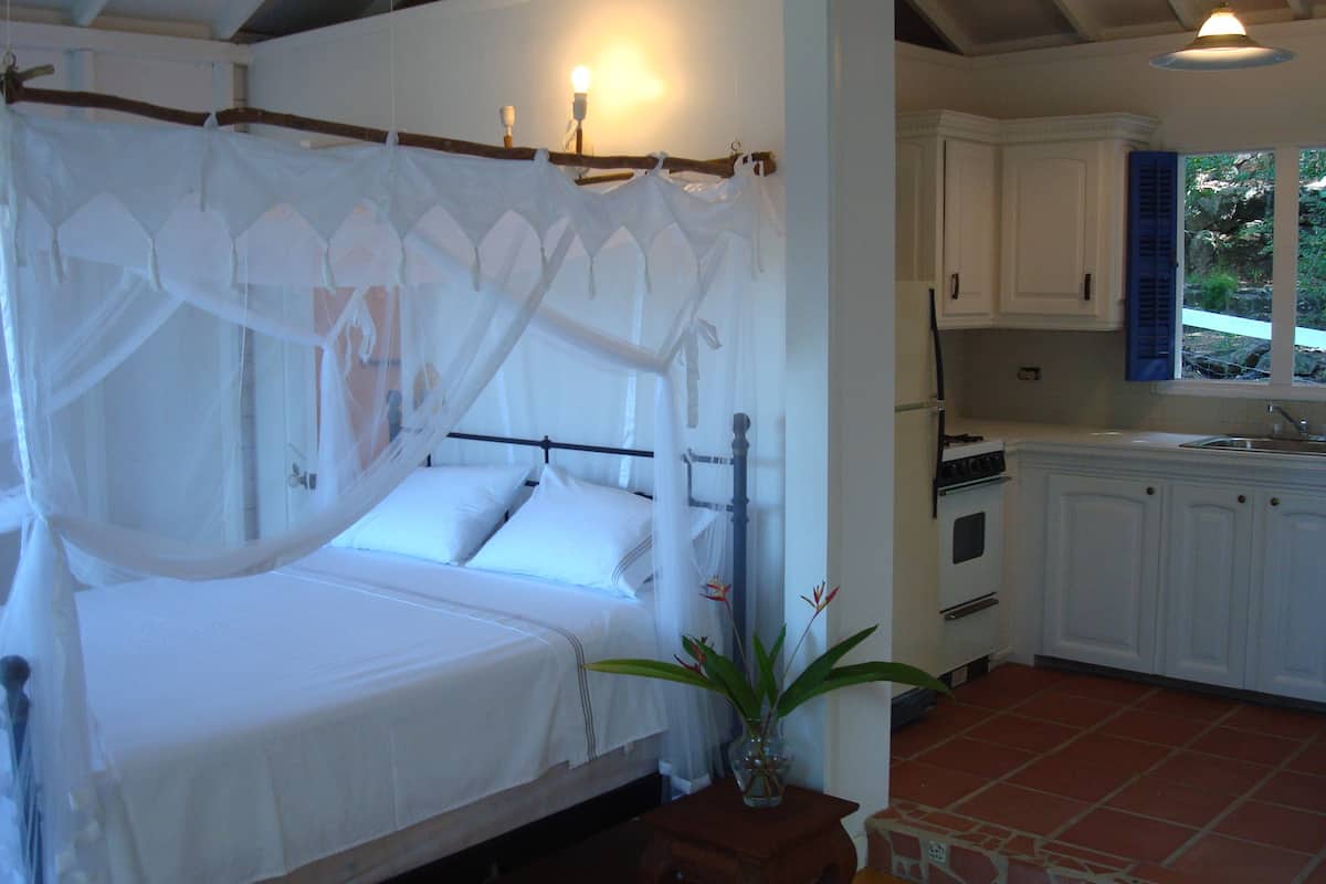 A bedroom with a canopy bed, a small table with a plant, and a kitchen with white cabinets and a window.