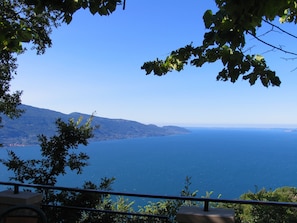 Eine Küstenlandschaft mit freiem Blick auf das Meer und ferne Hügel.