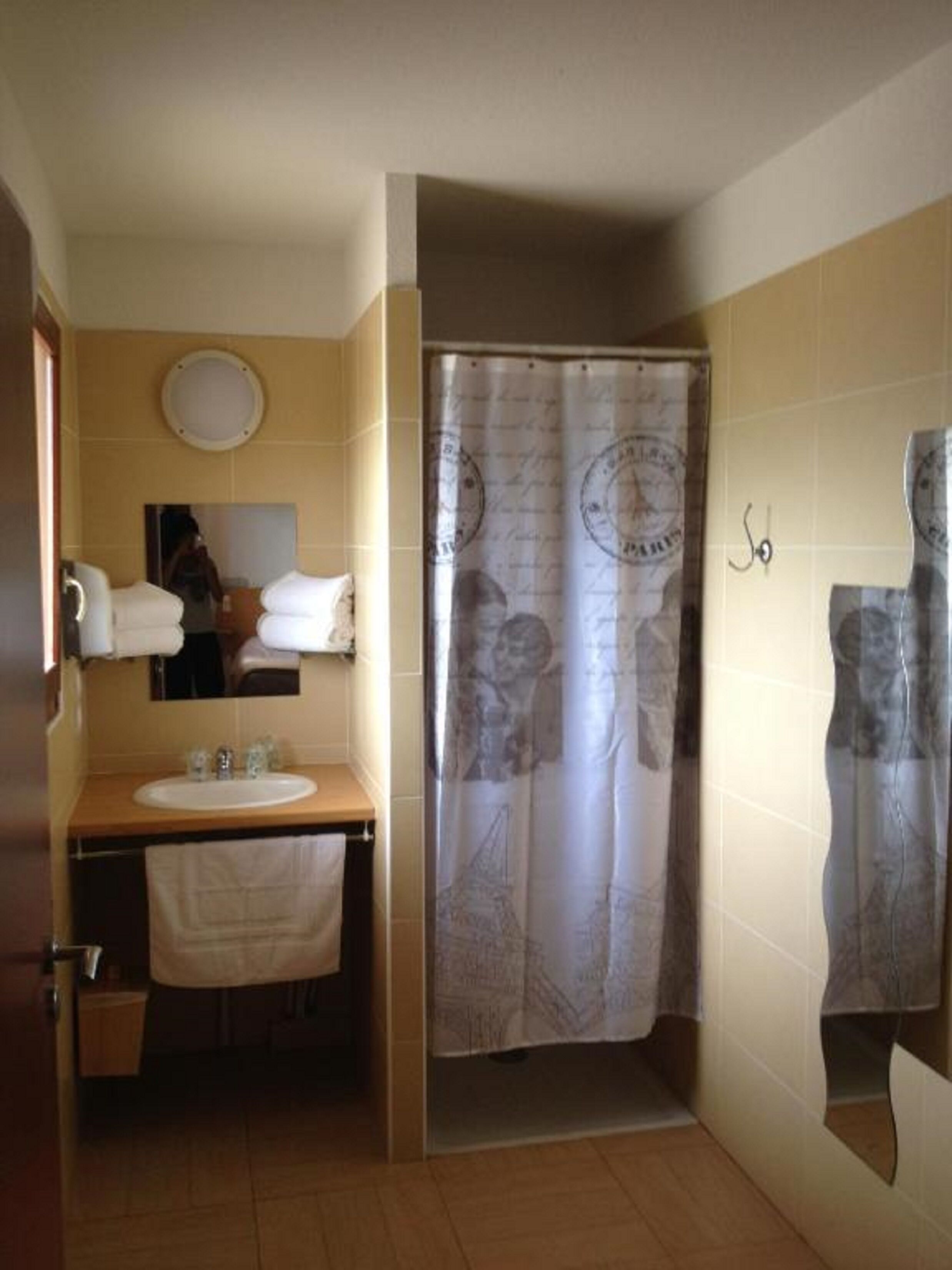 Un baño con lavabo, espejo y cortina de ducha.