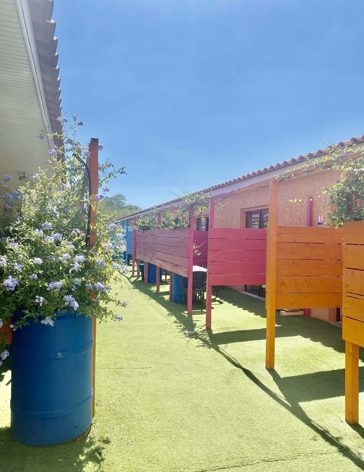 Fila di panche e tavoli di legno colorato sotto un cielo azzurro limpido, su un prato artificiale verde.