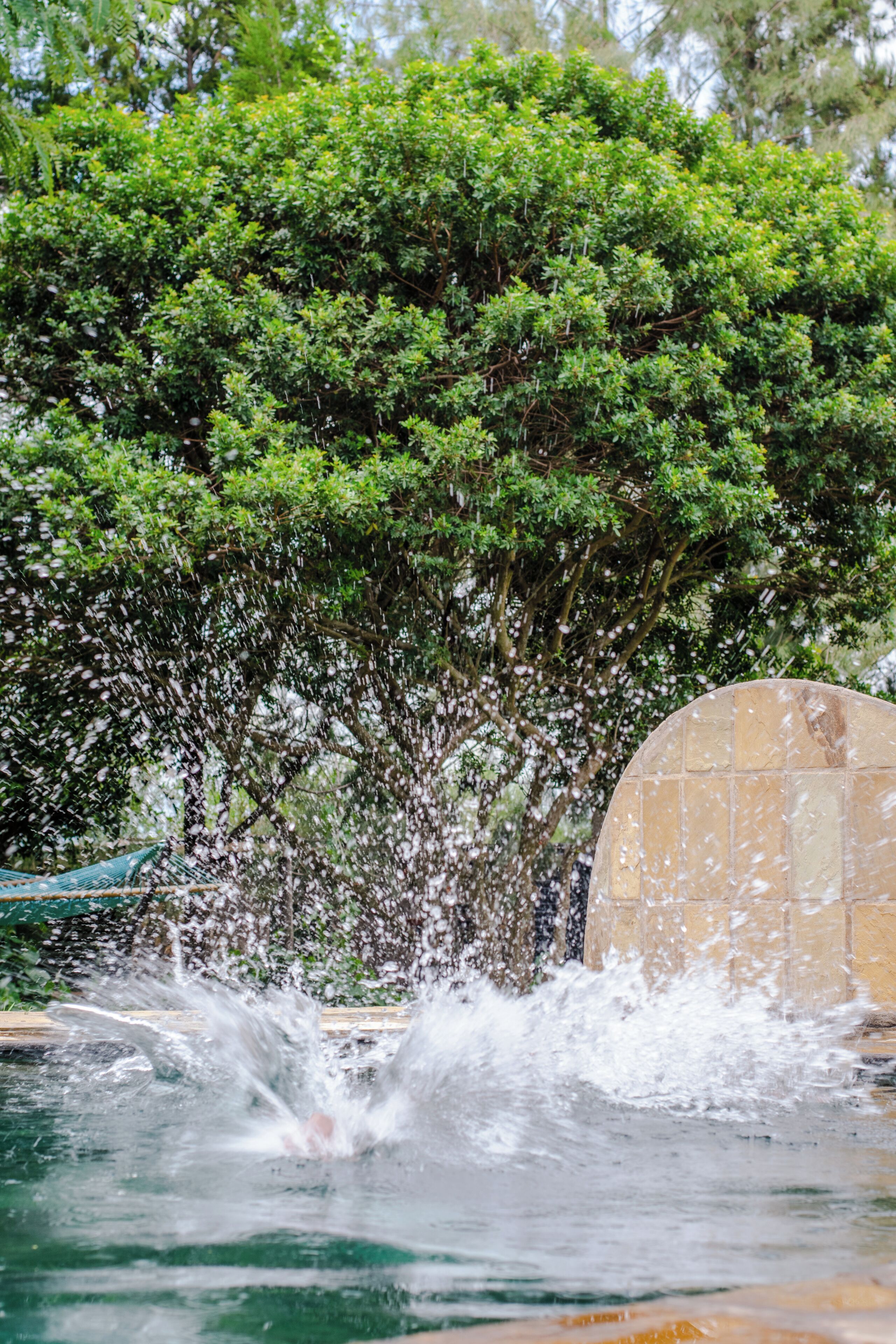 A water feature with a stone structure and lush greenery in the background.