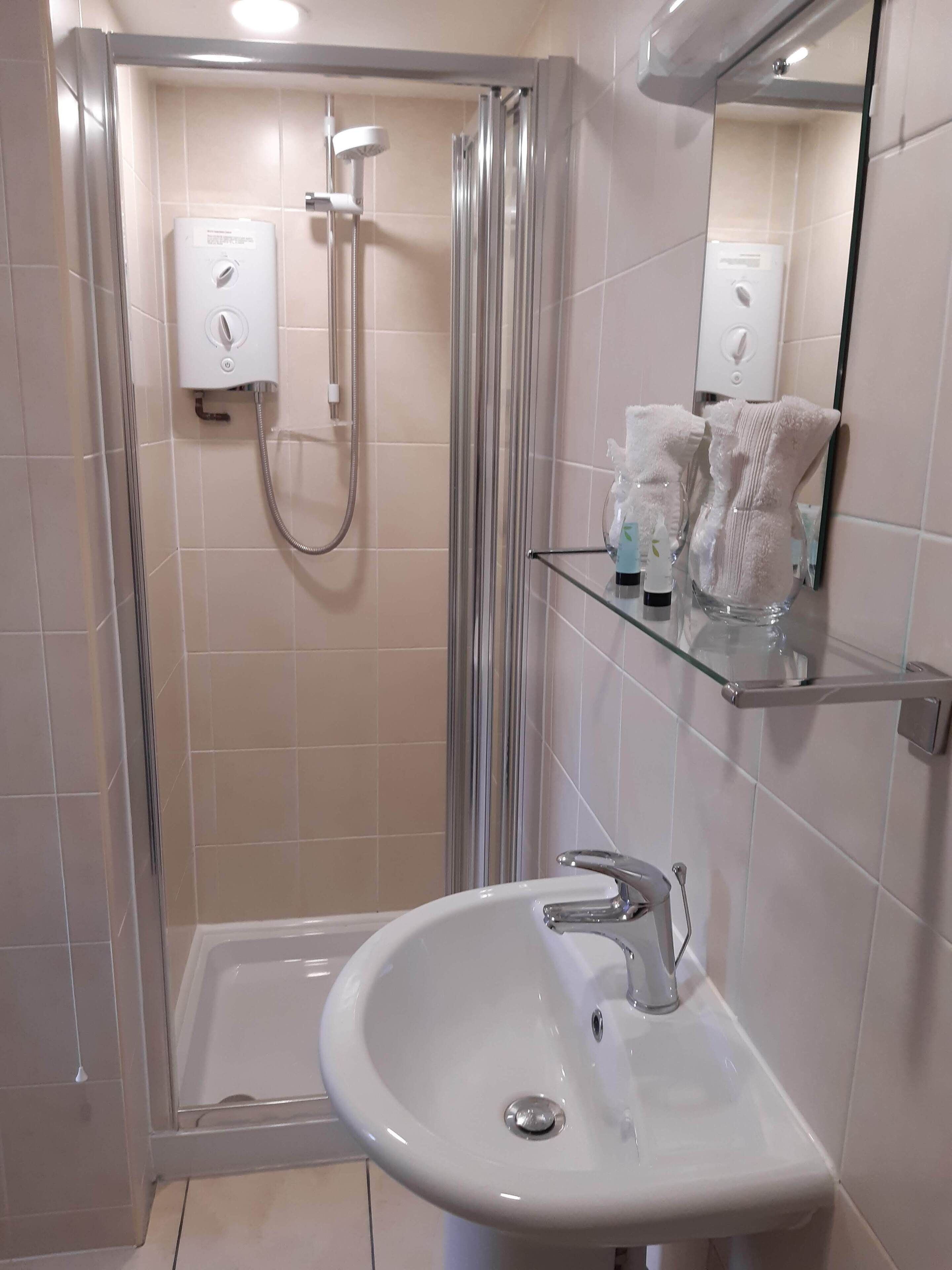 A modern bathroom with a glass-enclosed shower, a white sink, and a mirror above the sink.