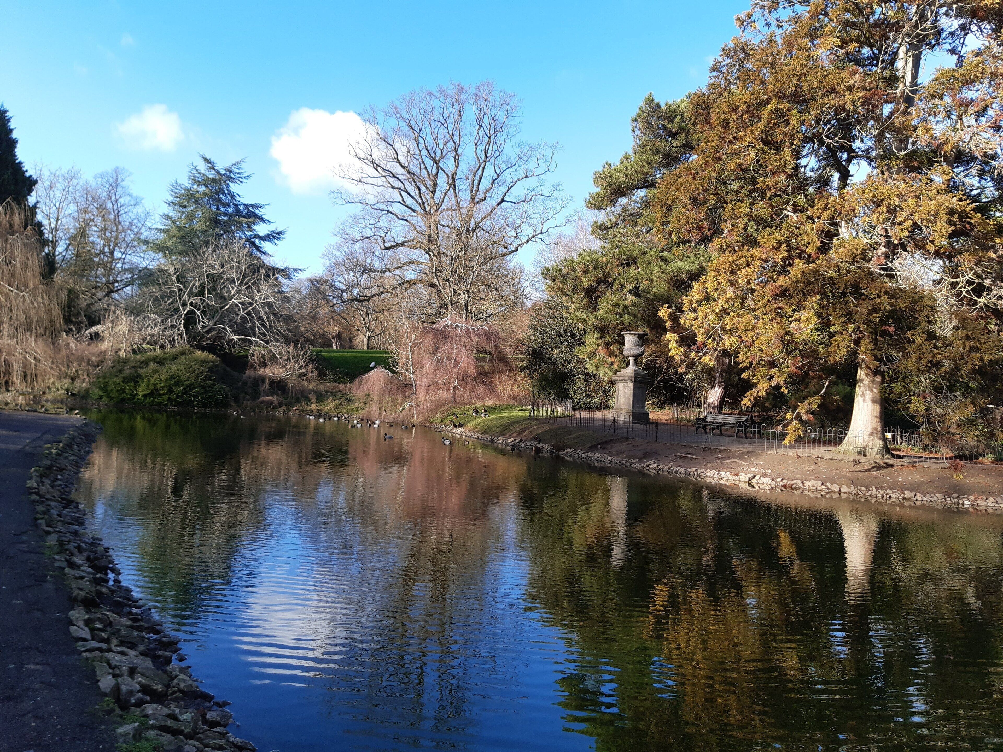 A calm river with ducks, surrounded by trees and a stone fence.