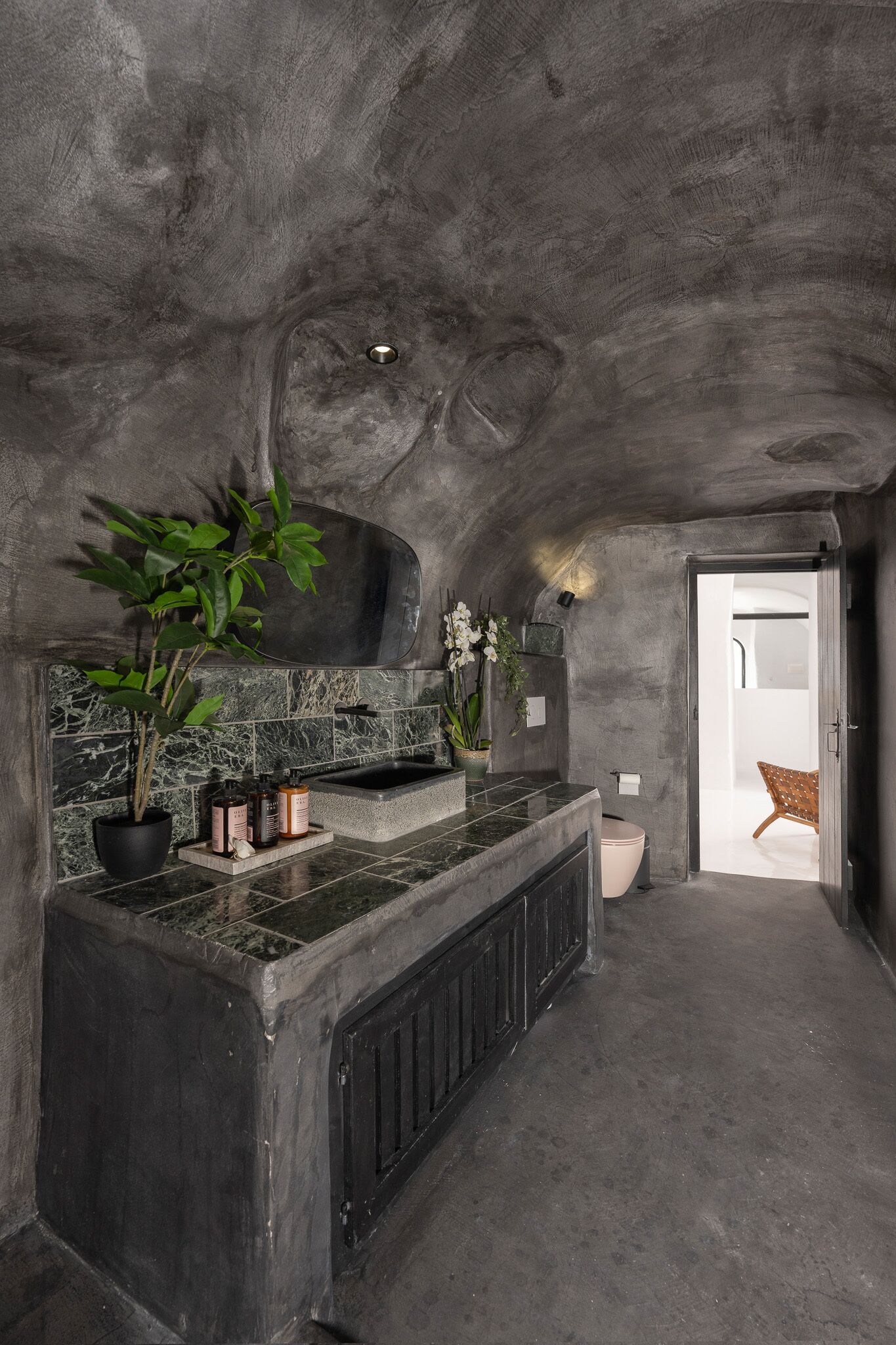 Casa de banho moderna com bancada de pedra, uma planta em vaso e zona de duche.