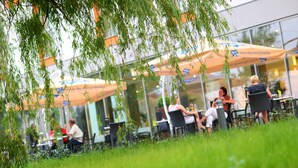 Café al aire libre con mesas y sillas bajo sombrillas, rodeado de follaje.