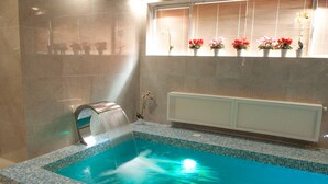 A swimming pool with a water feature, tiled walls, and a window with potted plants. - Boutique Hotel Buta (Minsk)