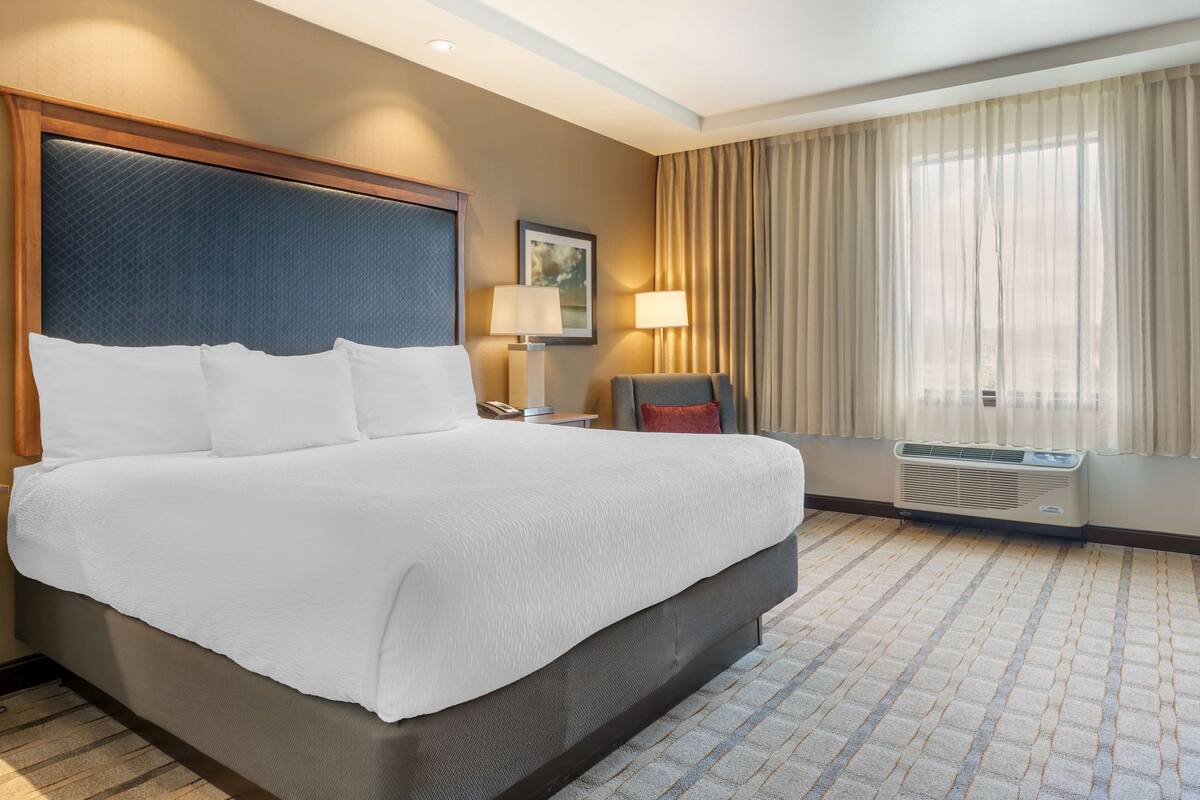 A hotel room with a large bed, a nightstand, a desk, a chair, a window with curtains, and an air conditioning unit.