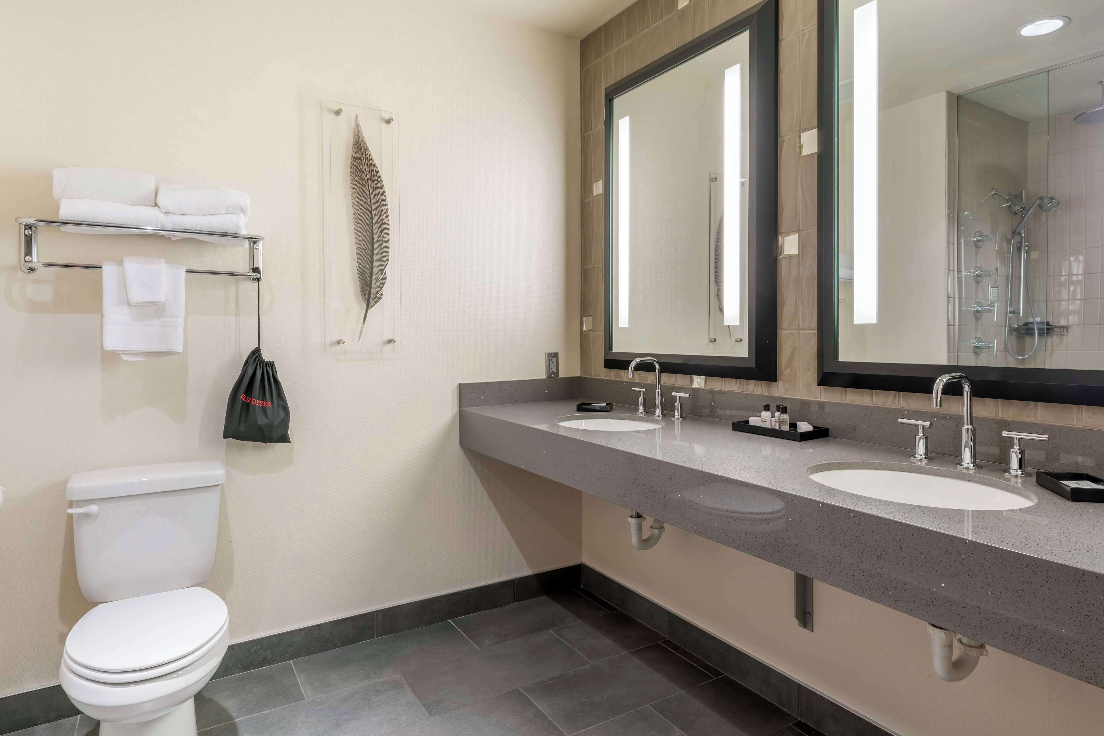 A modern bathroom with a toilet, two sinks, a large mirror, and a towel rack.
