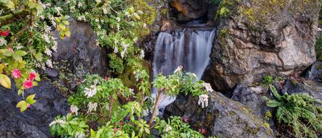 A waterfall surrounded by rocks and greenery.