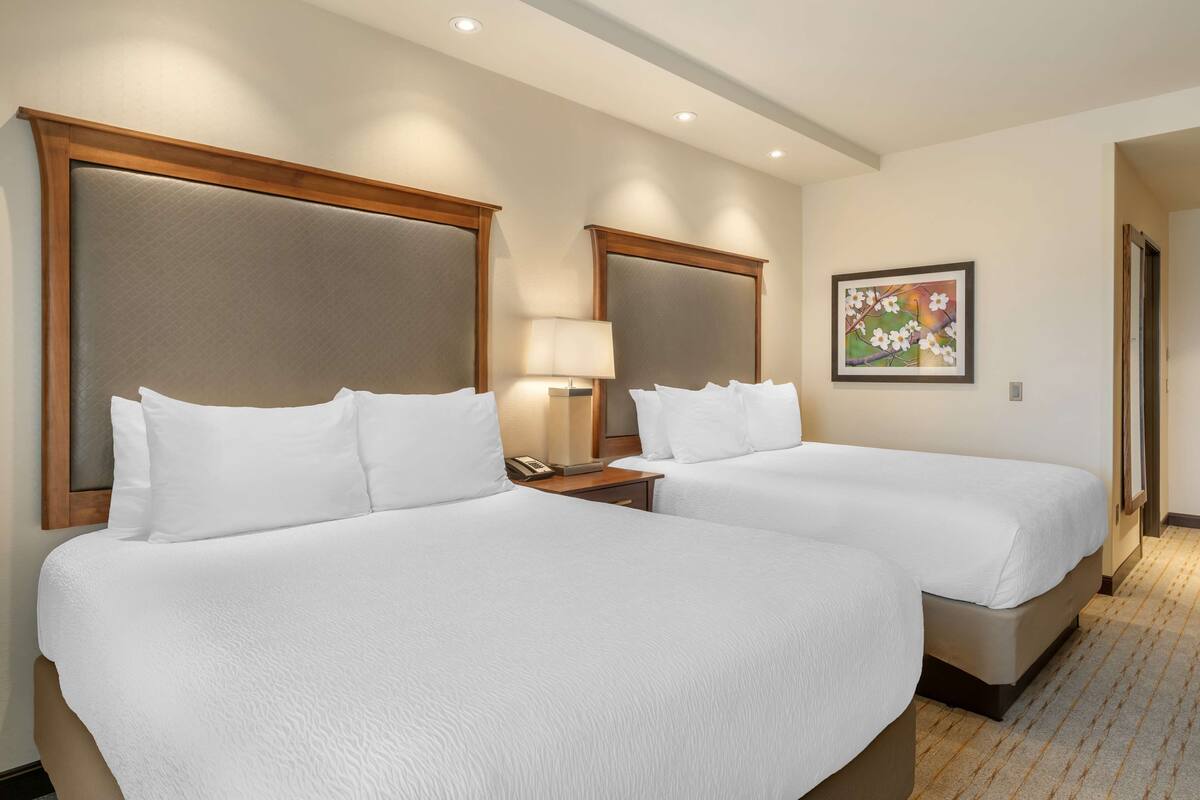 A hotel room with two beds, a nightstand with a lamp, and a framed picture on the wall.