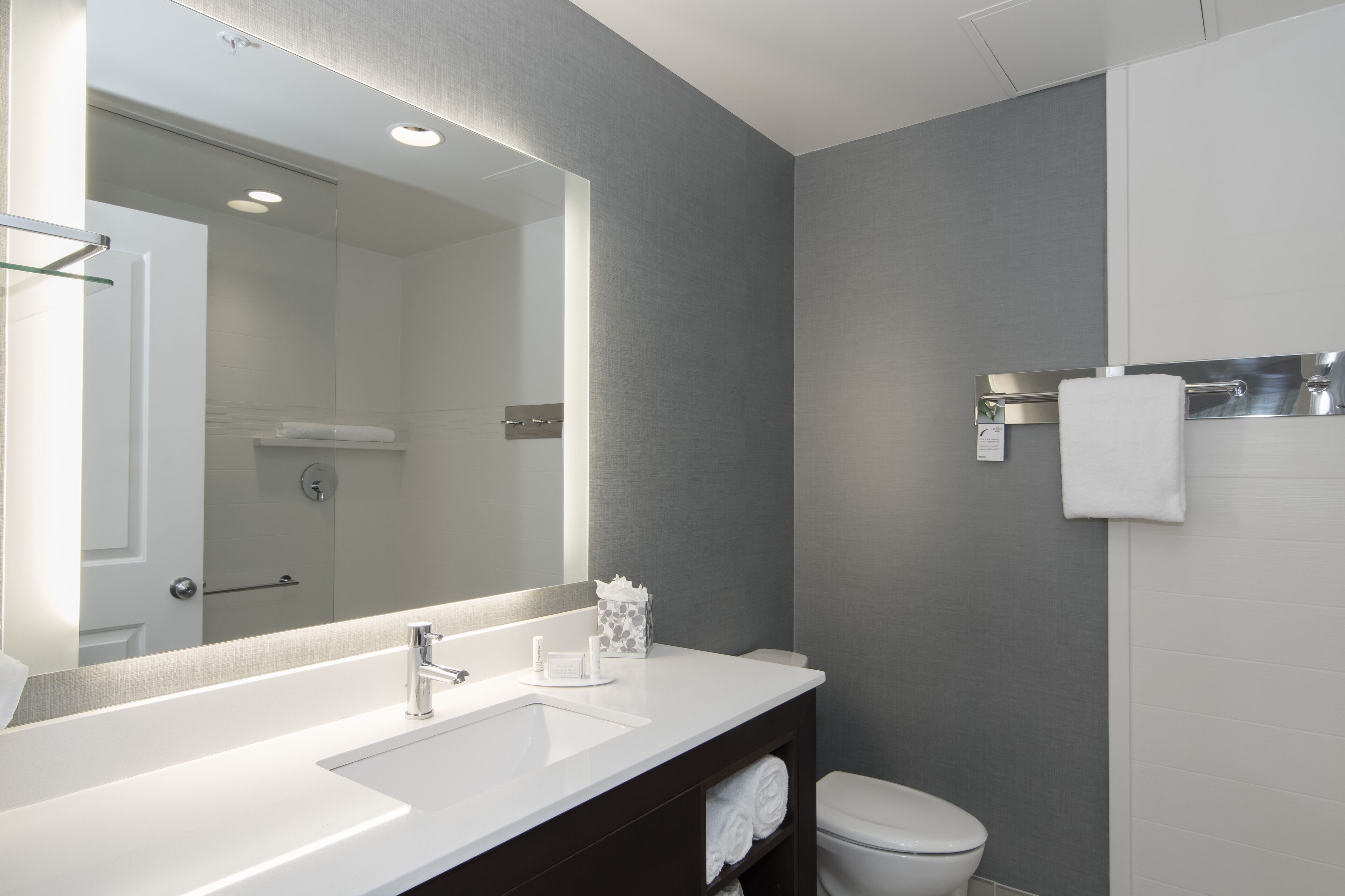 combined shower/bathtub, free toiletries, hair dryer, towels