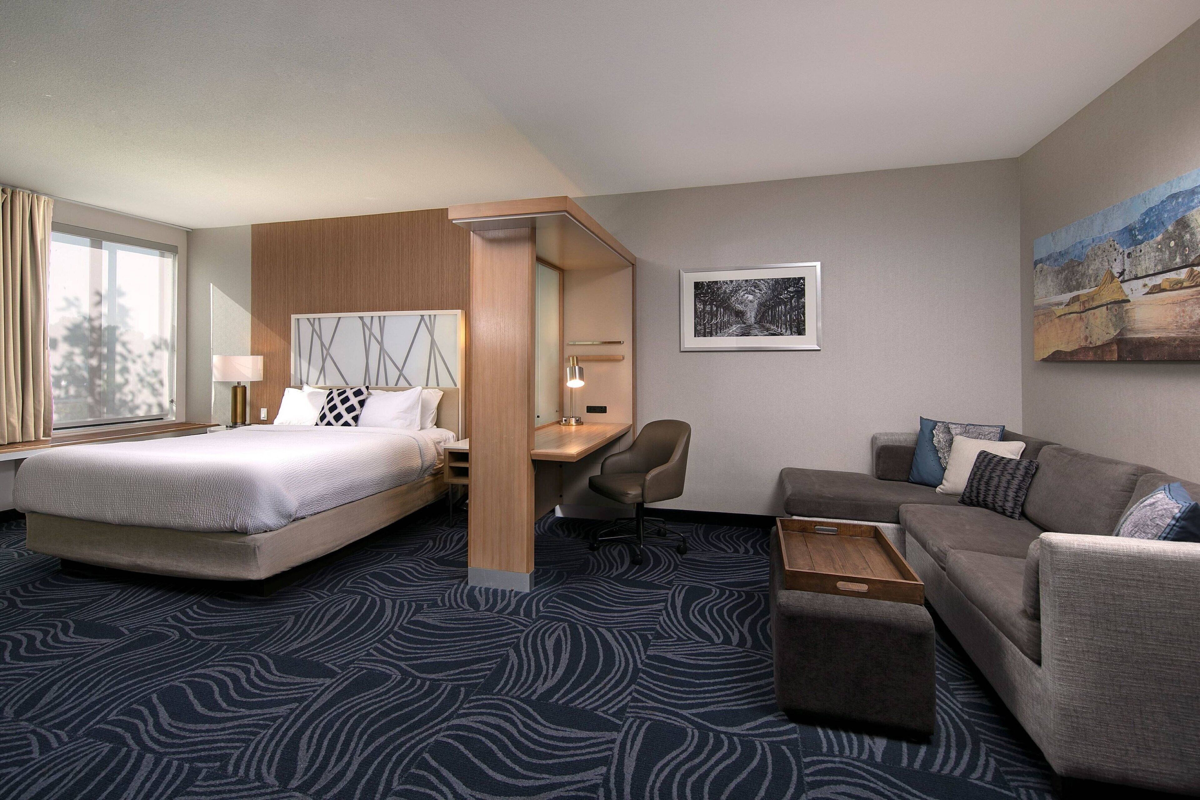 A hotel room with a bed, a desk, a sofa, and a chair.