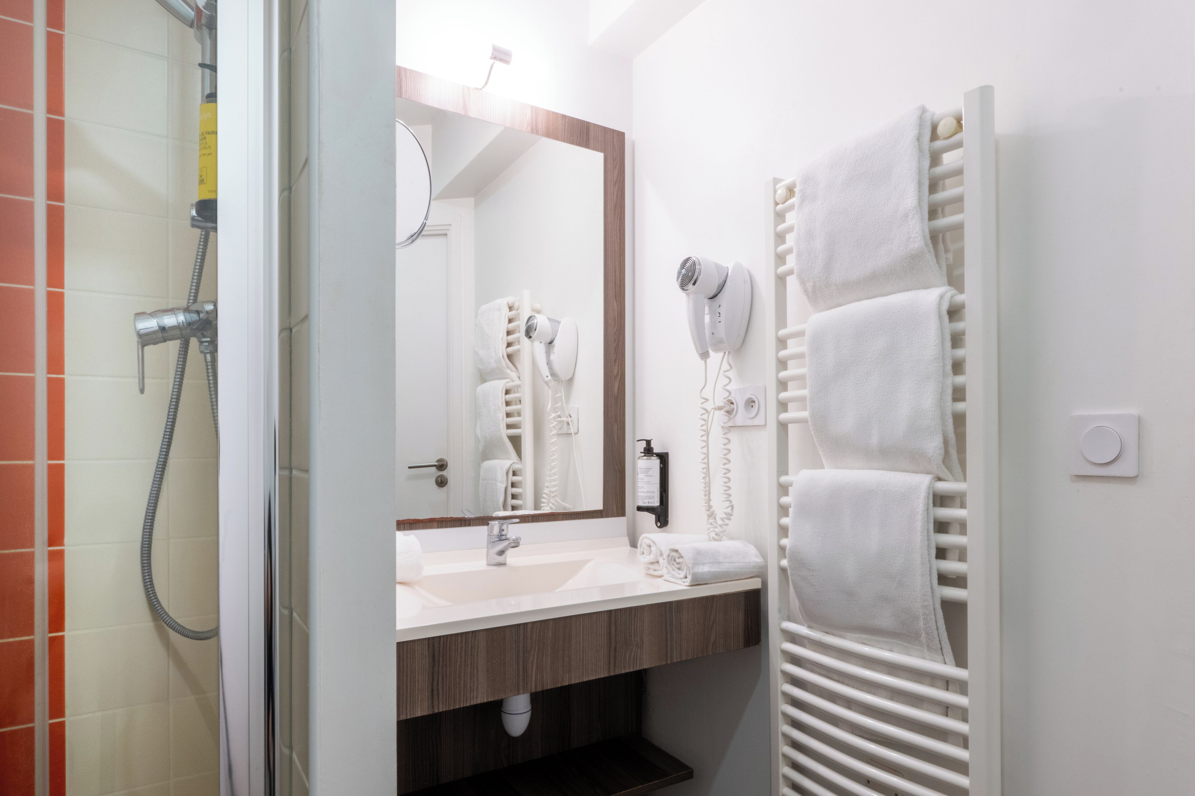 A modern bathroom with a shower, a sink, a mirror, and a towel rack.