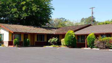 Un motel avec un parking et un grand arbre devant.